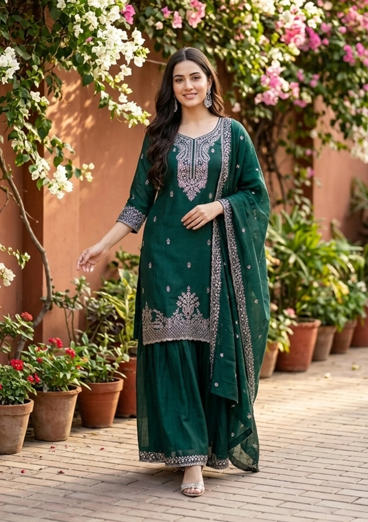 Bottle Green Soft Raw Silk Antique Zariwork Straight Kurta With Sharara And Dupatta